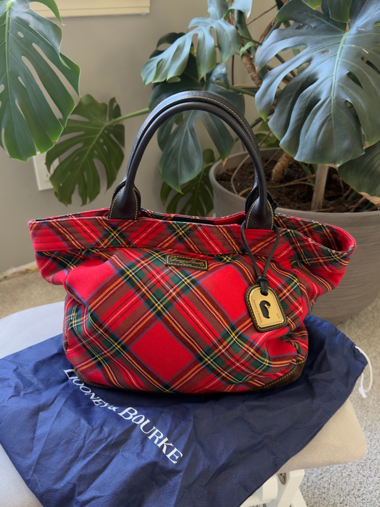 Dooney & Bourke Red Tartan Plaid Tote With Black Leather Handles